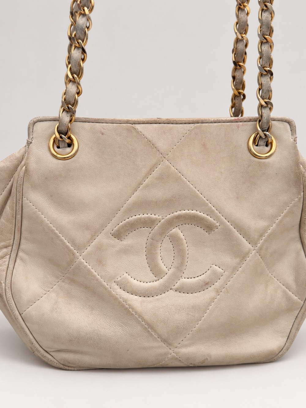 CHANEL Quilted Beige Leather Shoulder Bag with Gold Chain Straps